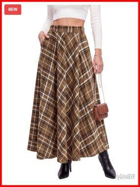 Womens Plaid Maxi Skirt A-Line High Waist with Pockets Fall Fashion